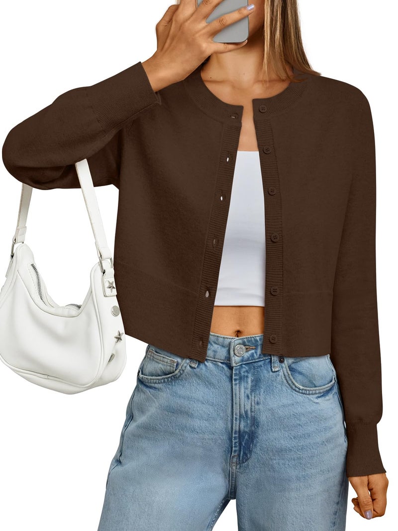 LILLUSORY Cropped Lightweight Cardigan Sweaters for Women Crew Neck Summer Clothes Fashion Spring Outfits 2026 Chocolate Brown M - Image 1