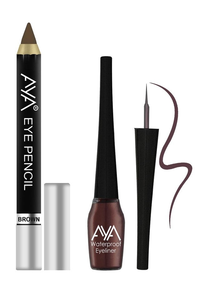 AYA Waterproof Eyeliner 5 ml & Eye Pencil Kajal 2.8g, Bold Eye Looks, Long-Lasting, Liner & Kajal Combo Pack, Essential Eye Kit, Brown - Image 1
