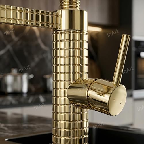 Inart Designer Brass Single Handle High Arc Spring Pull Out Kitchen Sink Faucet - Gold Finish, 360 Swivel, Hot & Cold Water Mixer with Pull Down Sprayer Multitask Mode (Gold 6) - Image 5