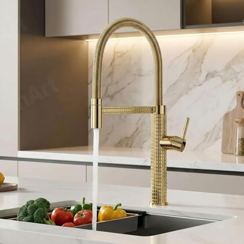 Inart Designer Brass Single Handle High Arc Spring Pull Out Kitchen Sink Faucet - Gold Finish, 360 Swivel, Hot & Cold Water Mixer with Pull Down Sprayer Multitask Mode (Gold 6) - Image 1