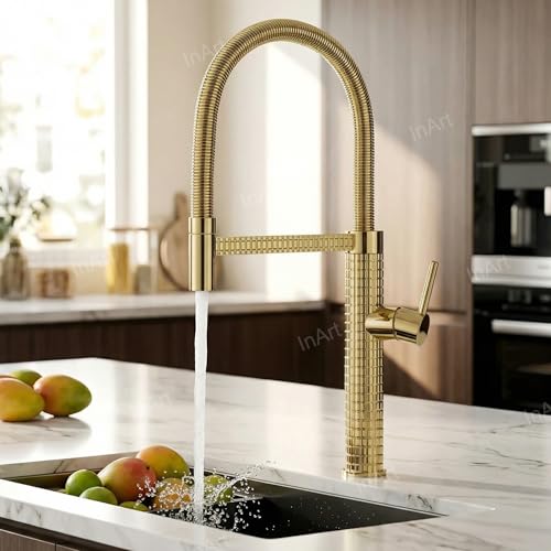 Inart Designer Brass Single Handle High Arc Spring Pull Out Kitchen Sink Faucet - Gold Finish, 360 Swivel, Hot & Cold Water Mixer with Pull Down Sprayer Multitask Mode (Gold 6) - Image 4