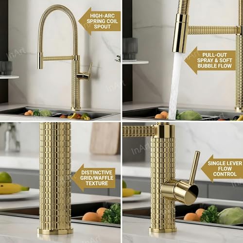 Inart Designer Brass Single Handle High Arc Spring Pull Out Kitchen Sink Faucet - Gold Finish, 360 Swivel, Hot & Cold Water Mixer with Pull Down Sprayer Multitask Mode (Gold 6) - Image 3