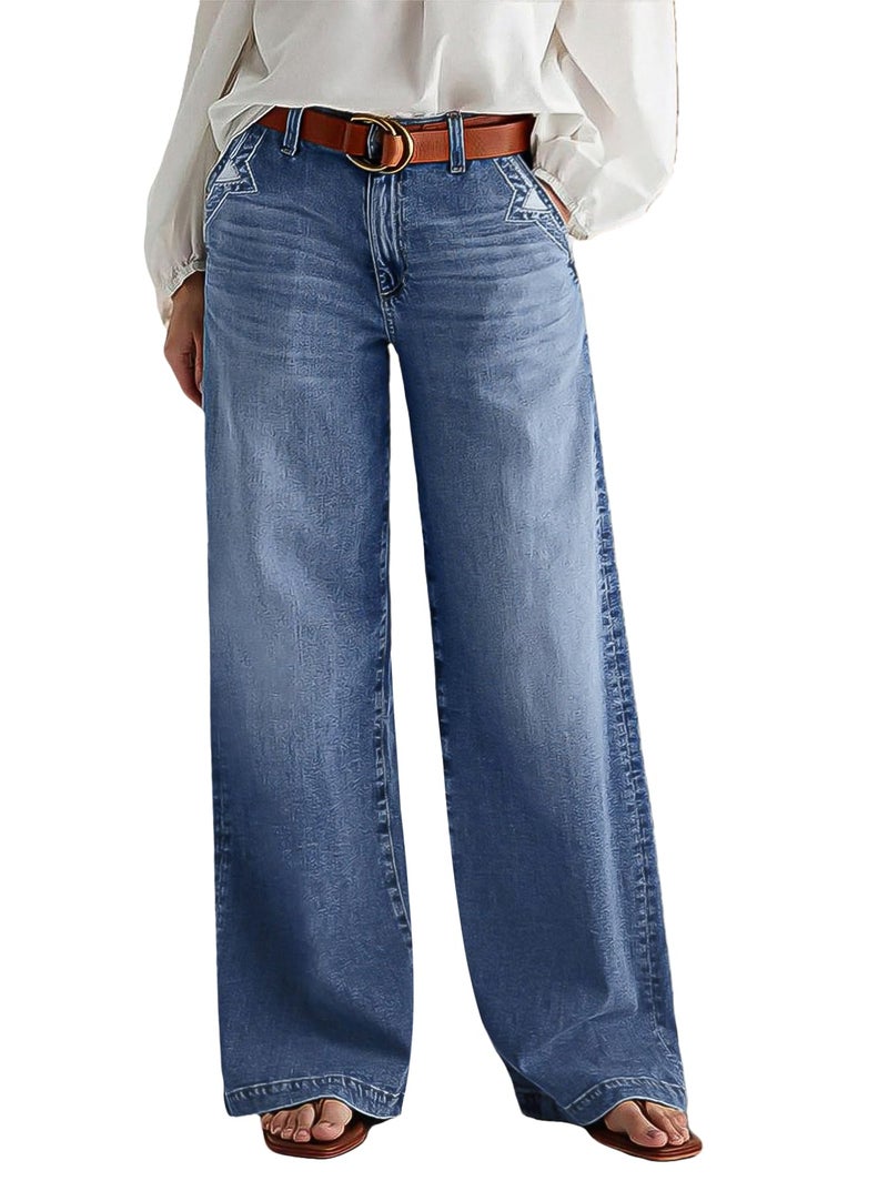 Flamingals Wide Leg Jeans for Women Mid Waist Baggy Stitch Decor Denim Washed Pants Without Belt Navy Blue M - Image 1