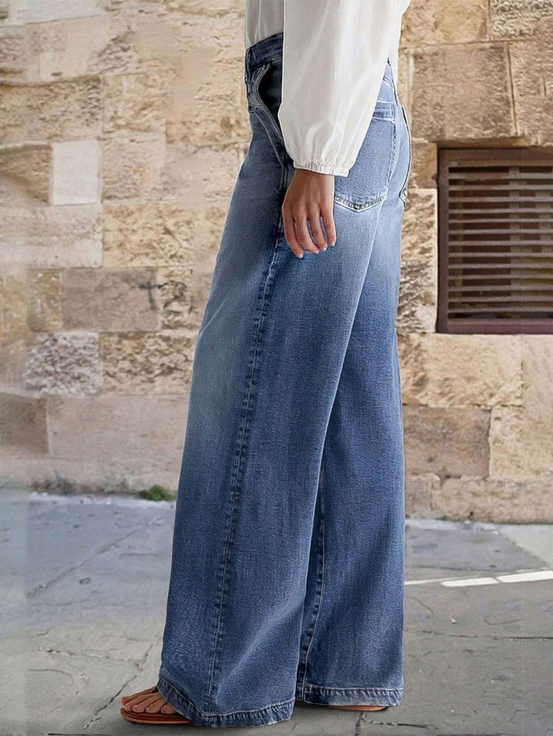 Flamingals Wide Leg Jeans for Women Mid Waist Baggy Stitch Decor Denim Washed Pants Without Belt Navy Blue M - Image 2