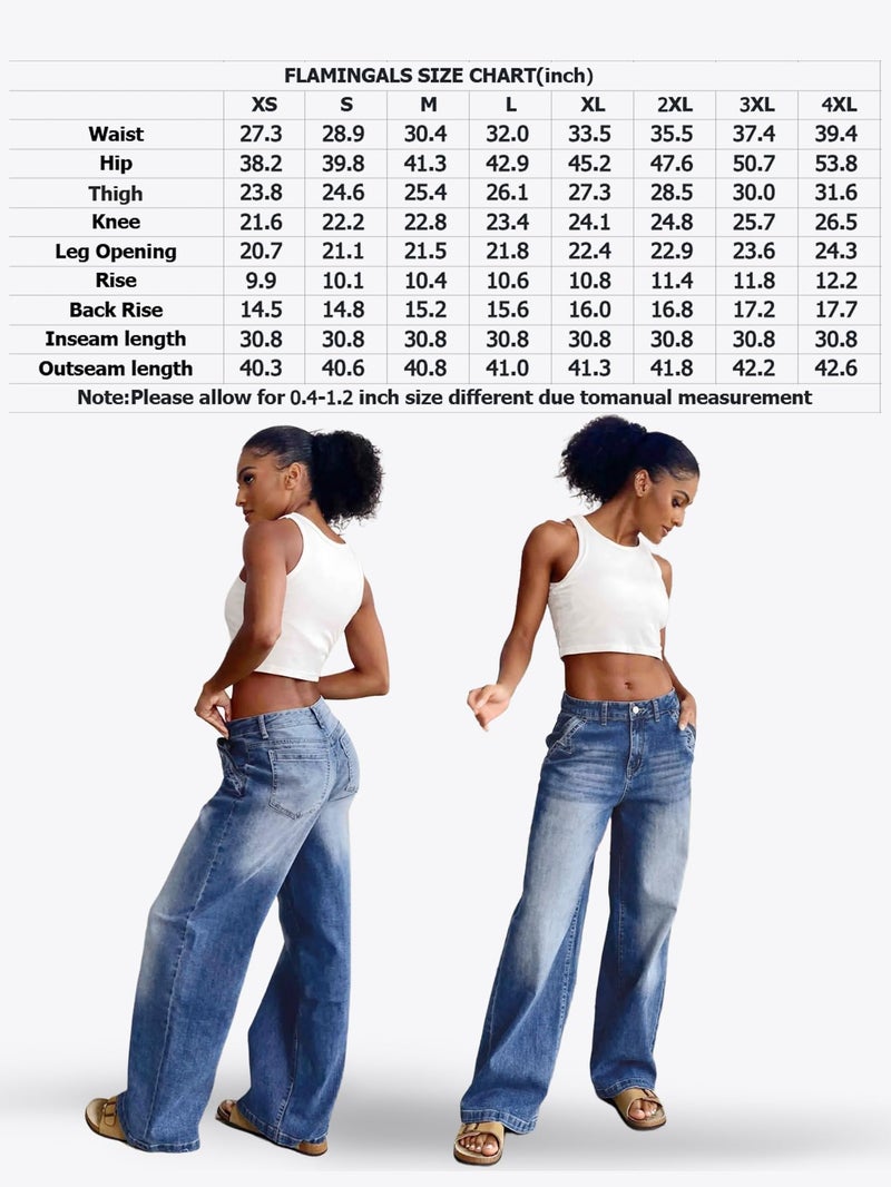 Flamingals Wide Leg Jeans for Women Mid Waist Baggy Stitch Decor Denim Washed Pants Without Belt Navy Blue M - Image 4