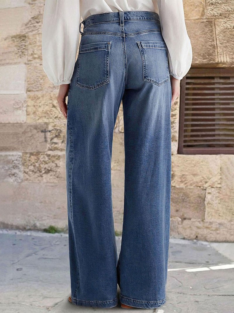 Flamingals Wide Leg Jeans for Women Mid Waist Baggy Stitch Decor Denim Washed Pants Without Belt Navy Blue M - Image 3