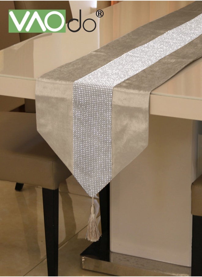 VAOdo Table Runner with Diamante Strip and Tassels Beige, Table Cloth for Wedding Bridal Shower Birthday Party Table Decor 32*210CM  - Image 1