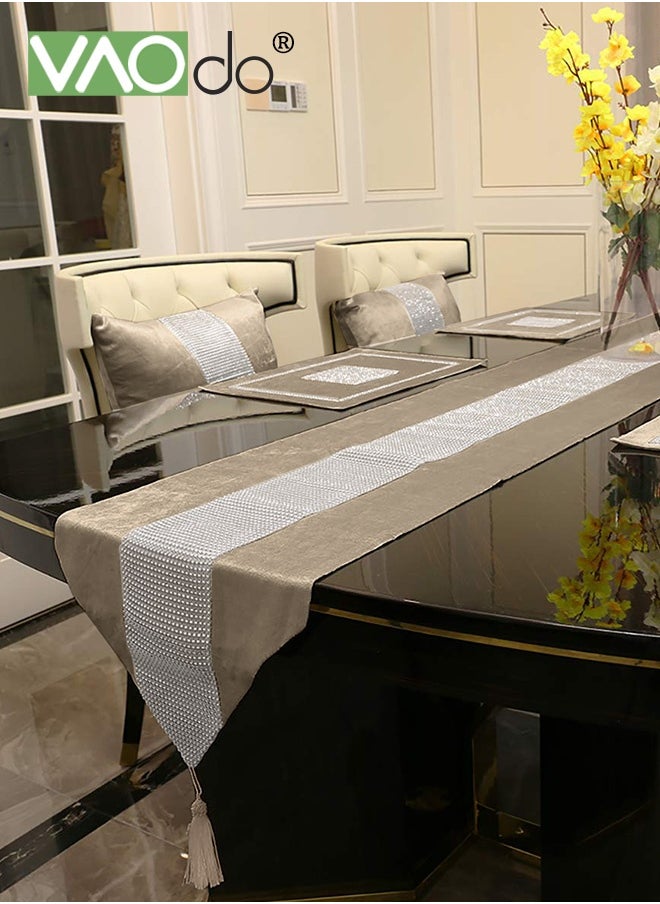 VAOdo Table Runner with Diamante Strip and Tassels Beige, Table Cloth for Wedding Bridal Shower Birthday Party Table Decor 32*210CM  - Image 3