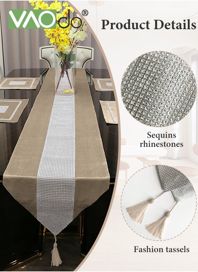 VAOdo Table Runner with Diamante Strip and Tassels Beige, Table Cloth for Wedding Bridal Shower Birthday Party Table Decor 32*210CM  - Image 5