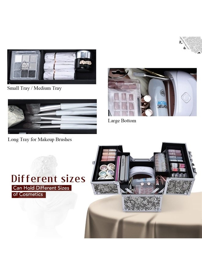 FRENESSA Makeup Train Case Portable Cosmetic Box Organizer Storage 4 Trays Aluminum Makeup Box with Divider Lockable Craft Train Case for Makeup Artist, Crafter, Makeup Tools Silver Floral