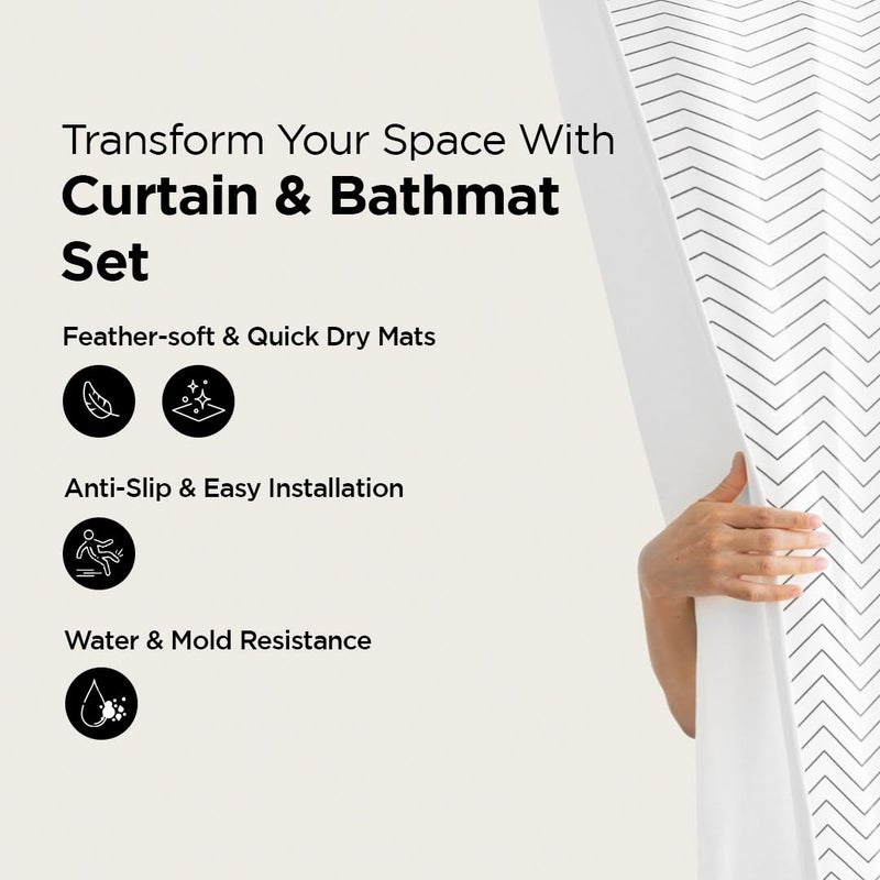 Umai UMAI Shower Curtain (180X180 cm) & Bathmat 3 Pcs Set|6ft|Creative Vibrant Coloured Polyster Curtain Sets with Non-Slip Bath mats for Bathroom|Easy-Slide Curtains|Quick Dry,Soft Mats  - Image 2