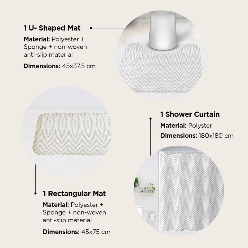 Umai UMAI Shower Curtain (180X180 cm) & Bathmat 3 Pcs Set|6ft|Creative Vibrant Coloured Polyster Curtain Sets with Non-Slip Bath mats for Bathroom|Easy-Slide Curtains|Quick Dry,Soft Mats  - Image 3