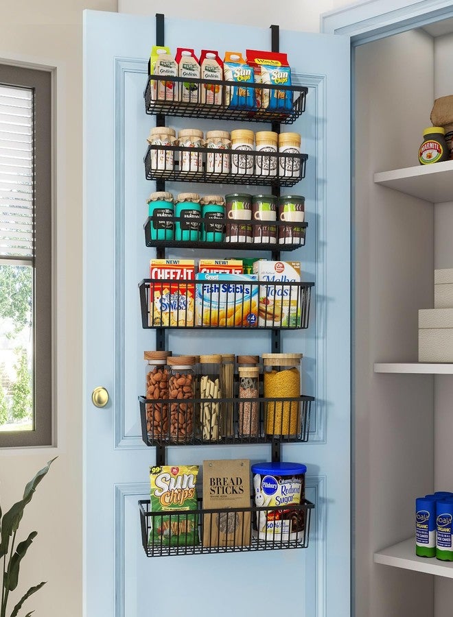 Mefirt Over The Door Pantry Organizer, Pantry Organization and Storage, 6-Tier Deep Baskets Hanging Heavy-Duty Metal, Wall Spice Rack Seasoning Shelves for Home & Kitchen, Laundry Room Bathroom, Black - Image 1