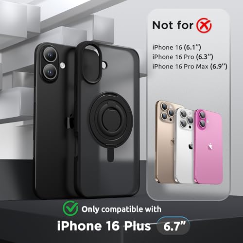 SURPHY 360° Magnetic Stand for iPhone 16 Plus Case with Finger Ring, Compatible with MagSafe, with Screen Protector, Ring Stand and Finger Phone Case for 16 Plus 6.7 inch 2024, Frosted Black - Image 2