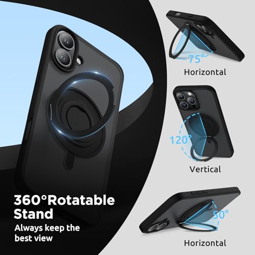 SURPHY 360° Magnetic Stand for iPhone 16 Plus Case with Finger Ring, Compatible with MagSafe, with Screen Protector, Ring Stand and Finger Phone Case for 16 Plus 6.7 inch 2024, Frosted Black - Image 3