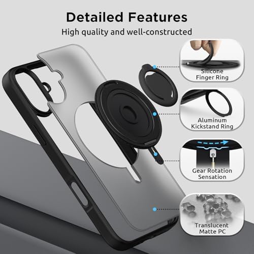 SURPHY 360° Magnetic Stand for iPhone 16 Plus Case with Finger Ring, Compatible with MagSafe, with Screen Protector, Ring Stand and Finger Phone Case for 16 Plus 6.7 inch 2024, Frosted Black - Image 5