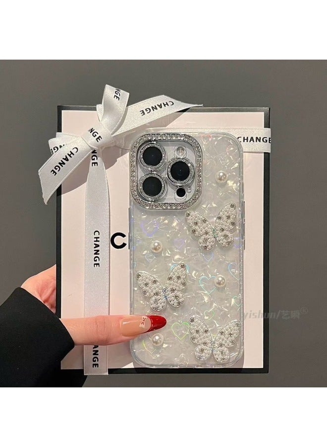 Suitable For Apple 17promax Rhinestone Pearl Butterfly Phone Case Iphone15 Shell Pattern 14 Laser Anti-fall Cover