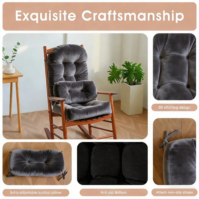 Activance Rocking Chair Cushion Indoor Large Chair Pads Set with Ties Extra Lumbar Pillow Premium Dutch Velvet High Resilience Filler Non-Slip Bottom, Grey - Image 5