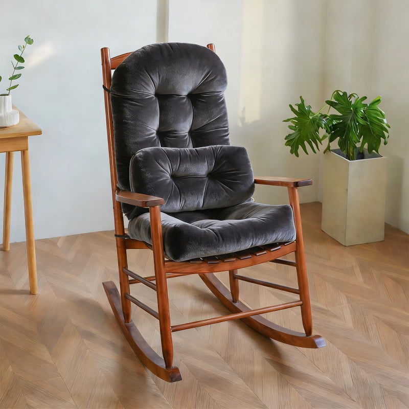Activance Rocking Chair Cushion Indoor Large Chair Pads Set with Ties Extra Lumbar Pillow Premium Dutch Velvet High Resilience Filler Non-Slip Bottom, Grey - Image 1