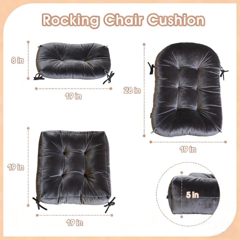 Activance Rocking Chair Cushion Indoor Large Chair Pads Set with Ties Extra Lumbar Pillow Premium Dutch Velvet High Resilience Filler Non-Slip Bottom, Grey - Image 2