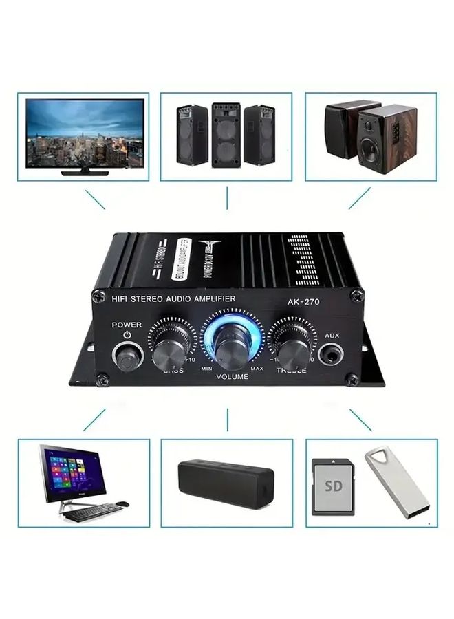 AK270 Mini 2 Channel Car Audio Amplifier 12V 1pc Universal Home Stereo System - Image 3