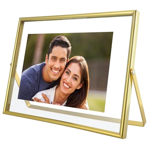 AhaGo Gold Floating Frame, 6"x8", Landscape, For Picture 5x7, 4x6, 3x5, Tabletop Shelf Photo Frame, Classy For Festival, Birthday or Wedding - Image 1