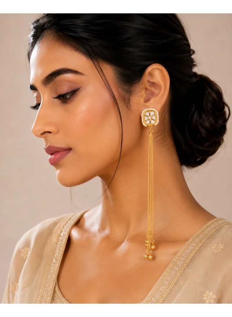 Lehar Imitation Gold-Tone Ivory Pearl Statement Long Tassel Kashir Dangler Earrings