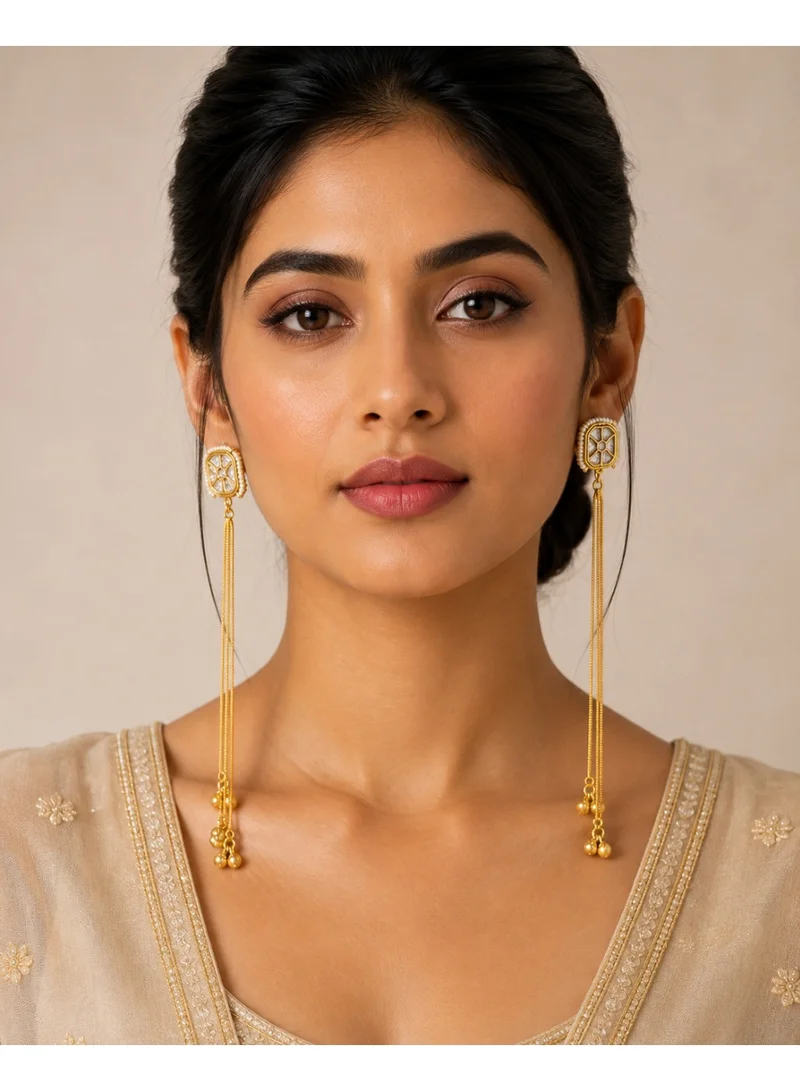 Lehar Imitation Gold-Tone Ivory Pearl Statement Long Tassel Kashir Dangler Earrings