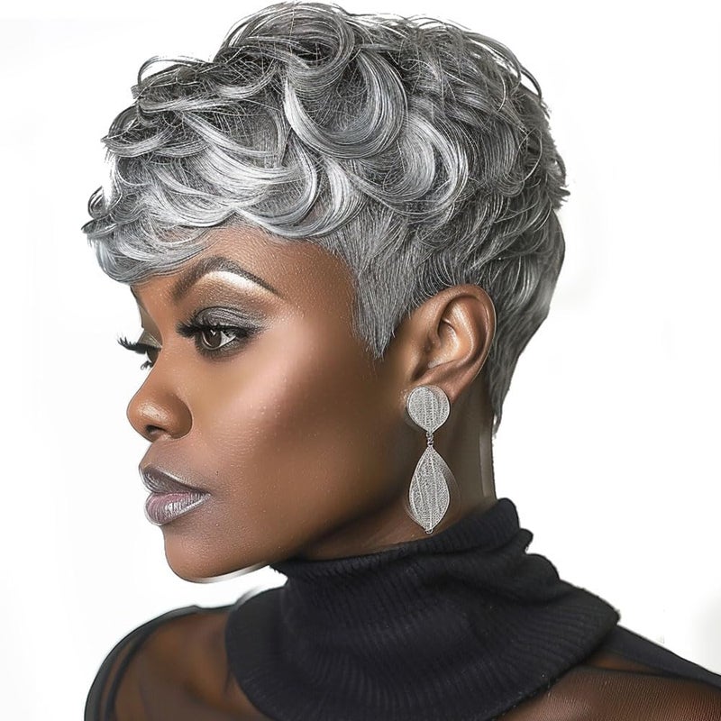 Short Wig for Black Women Grey Short Pixie Wig for Women Curly Pixie Wigs with Bangs Layered Wig Short Wigs Pixie Cut Wigs for Black Women Grey