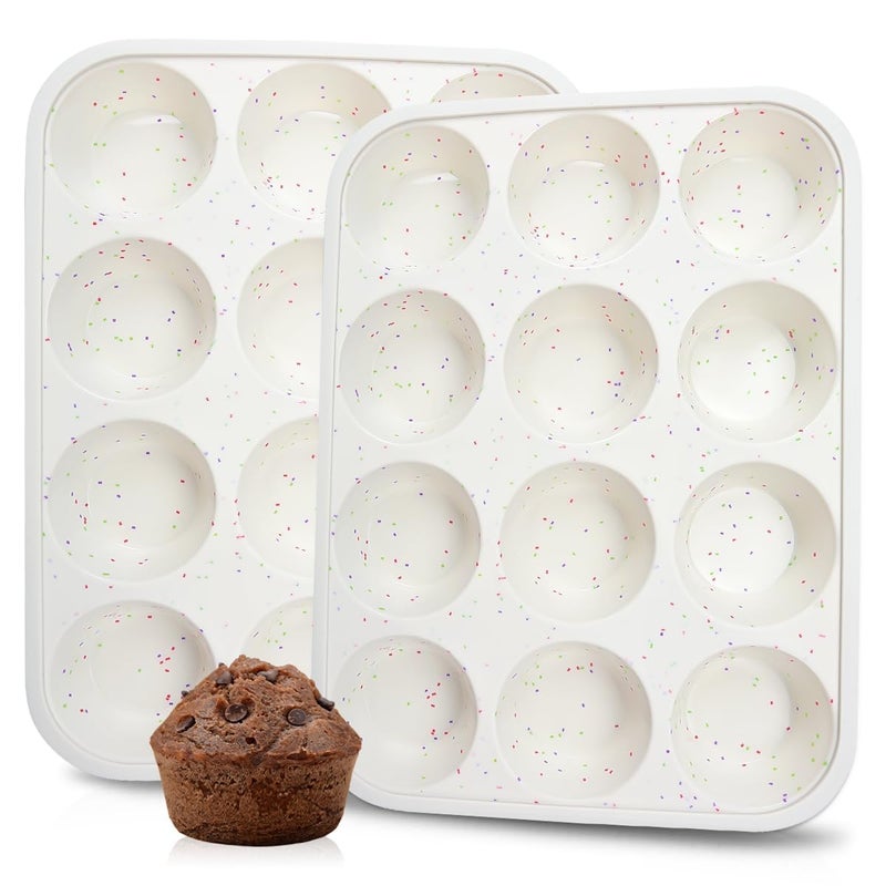 CAKETIME Silicone Muffin Pan, Metal Reinforced Frame Cupcake Pan 12 Cups Regular Size Easy to Move in or Out of Oven Non-Stick (2) - Image 1