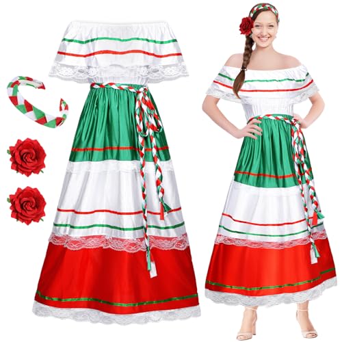 Riyiper Traditional Mexican Dress for Women Fiesta Senorita Costume Spanish Dress with Flower Hair Clip Headband(X-Small) - Image 1