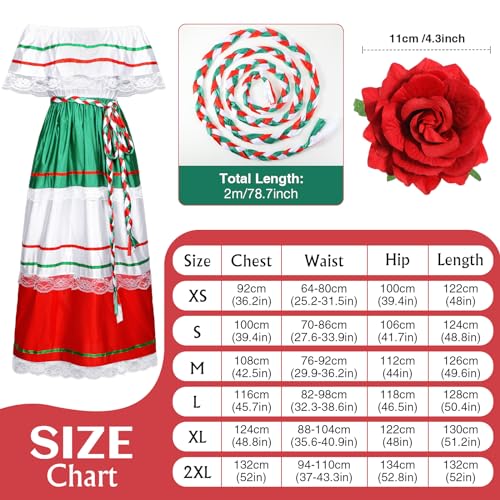 Riyiper Traditional Mexican Dress for Women Fiesta Senorita Costume Spanish Dress with Flower Hair Clip Headband(X-Small) - Image 2