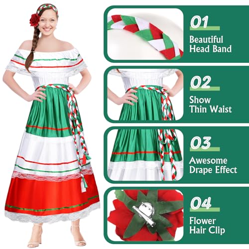 Riyiper Traditional Mexican Dress for Women Fiesta Senorita Costume Spanish Dress with Flower Hair Clip Headband(X-Small) - Image 3