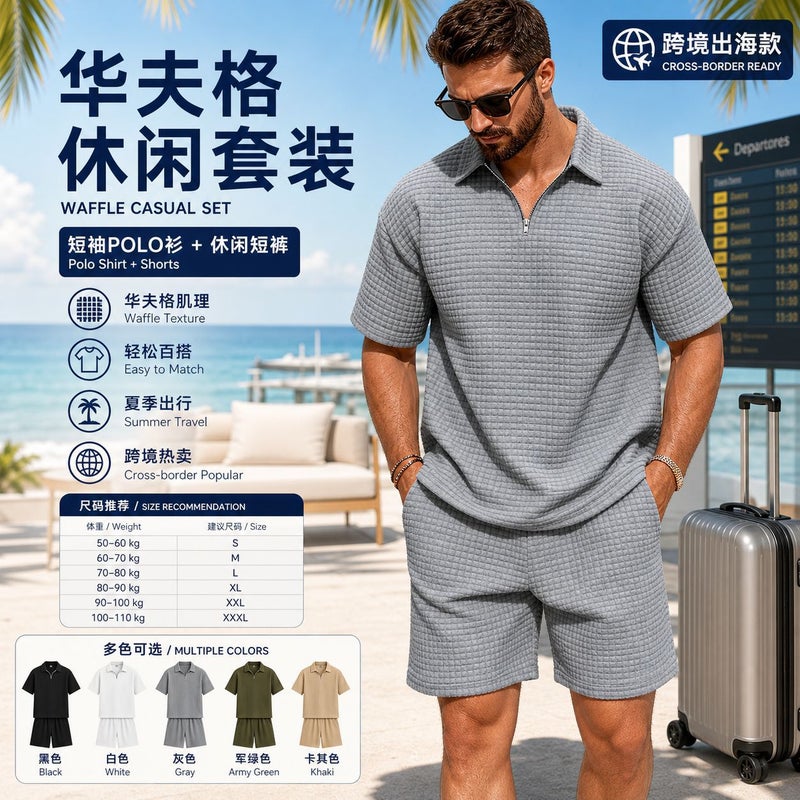 Men's Summer Casual Sport Suit Waffle Knit Comfortable Solid Color Polo Neck Tracksuit Set - Image 3