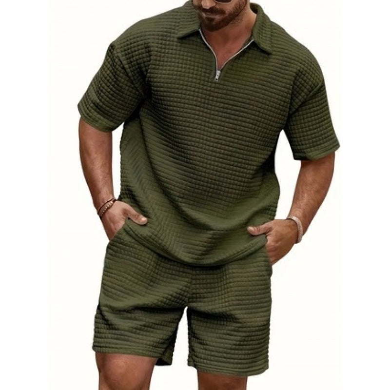 Men's Summer Casual Sport Suit Waffle Knit Comfortable Solid Color Polo Neck Tracksuit Set - Image 1