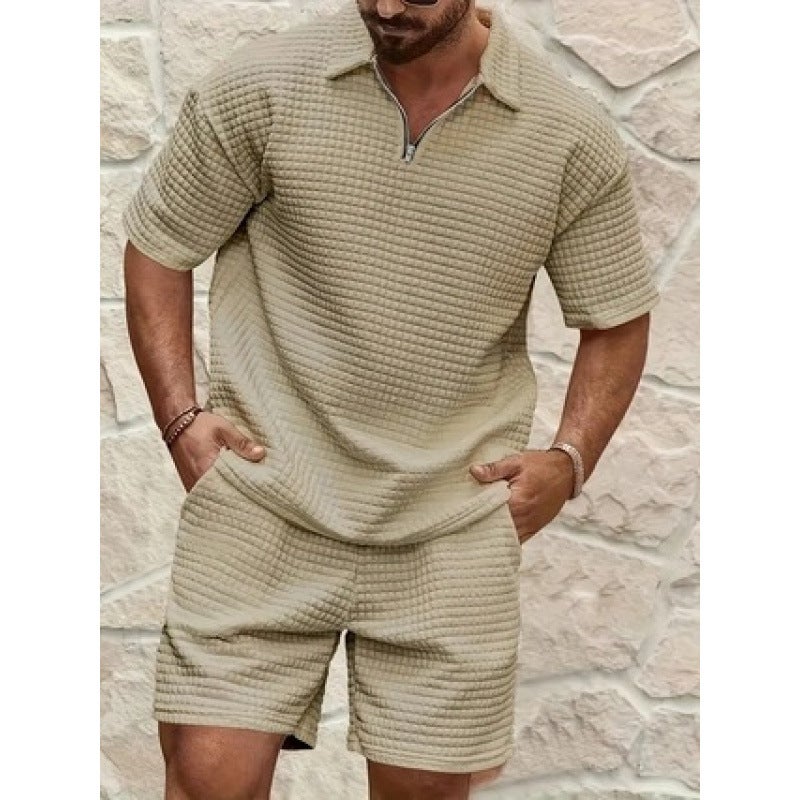 Men's Summer Casual Sport Suit Waffle Knit Comfortable Solid Color Polo Neck Tracksuit Set - Image 5