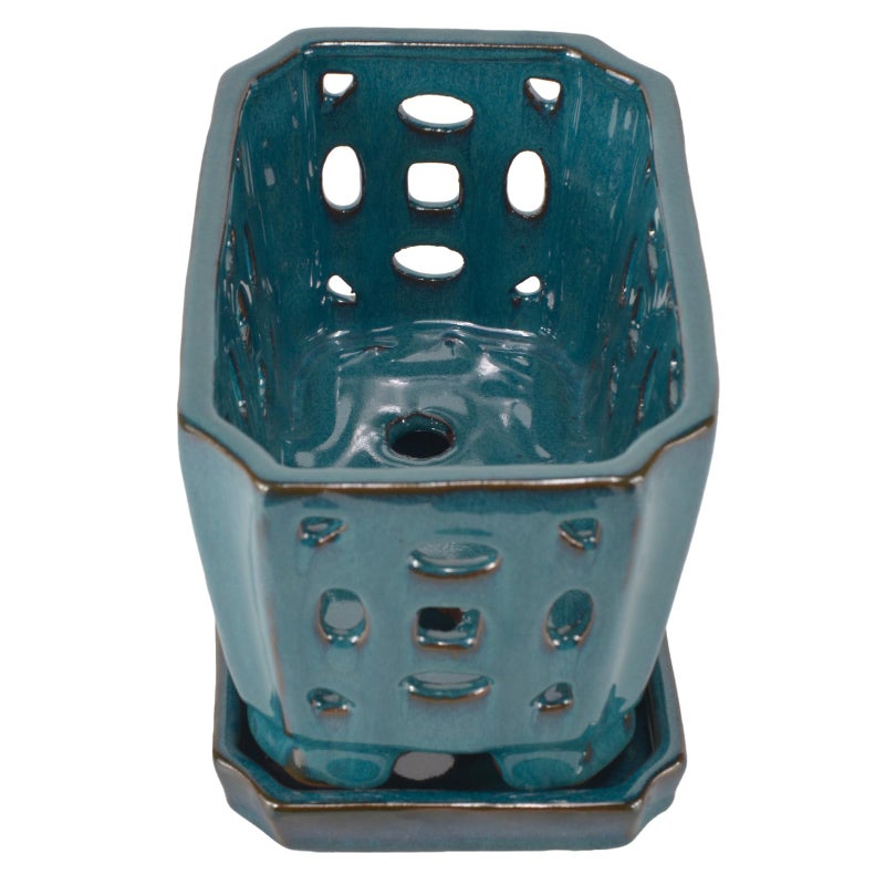 w w W&W Orchid Pot with Holes and Saucer for Repotting, Teal, 9.7 Inches - Image 3