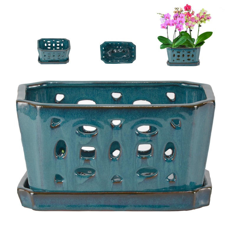w w W&W Orchid Pot with Holes and Saucer for Repotting, Teal, 9.7 Inches - Image 1