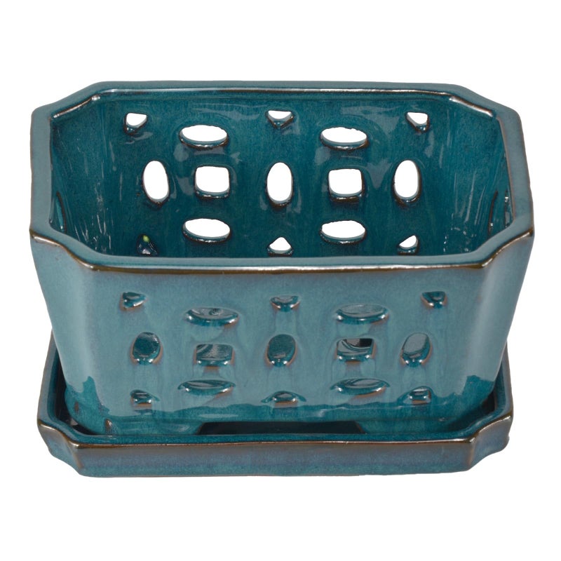 w w W&W Orchid Pot with Holes and Saucer for Repotting, Teal, 9.7 Inches - Image 2