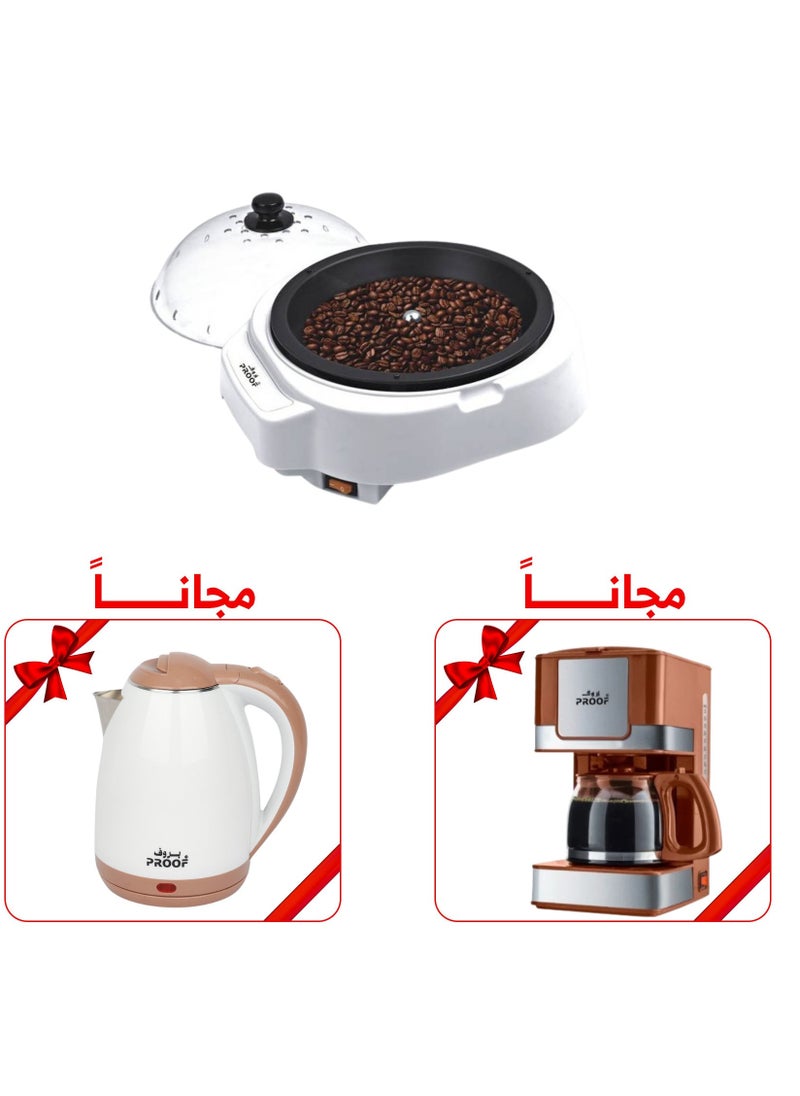 PROOF Bundle 800W Brown 12 Cup Coffee Maker + 1.8 L 1500W White Electric Water Kettle + 500W Electric Coffee Roaster  - Image 1