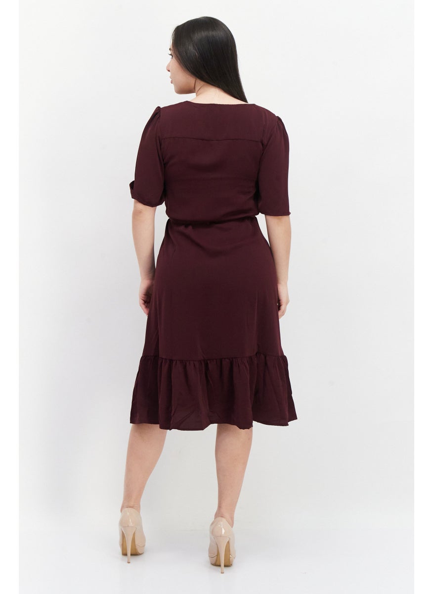 French Connection Women Plain Midi Dress, Maroon  - Image 3