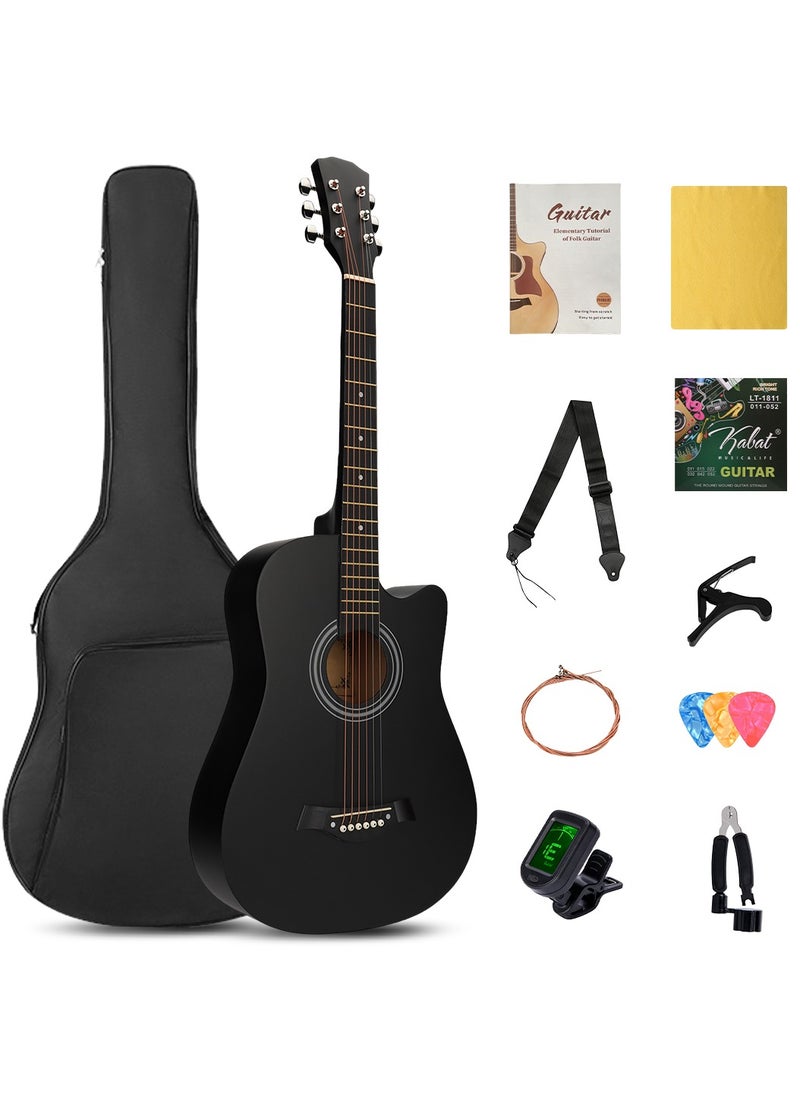 ShineDown ShineDown 38 inch Acoustic Guitar in Full Size Black Beginner All Wood Cutaway Starter Set with Free Bag Capo A Pack of Extra Strings Picks Strap  - Image 1