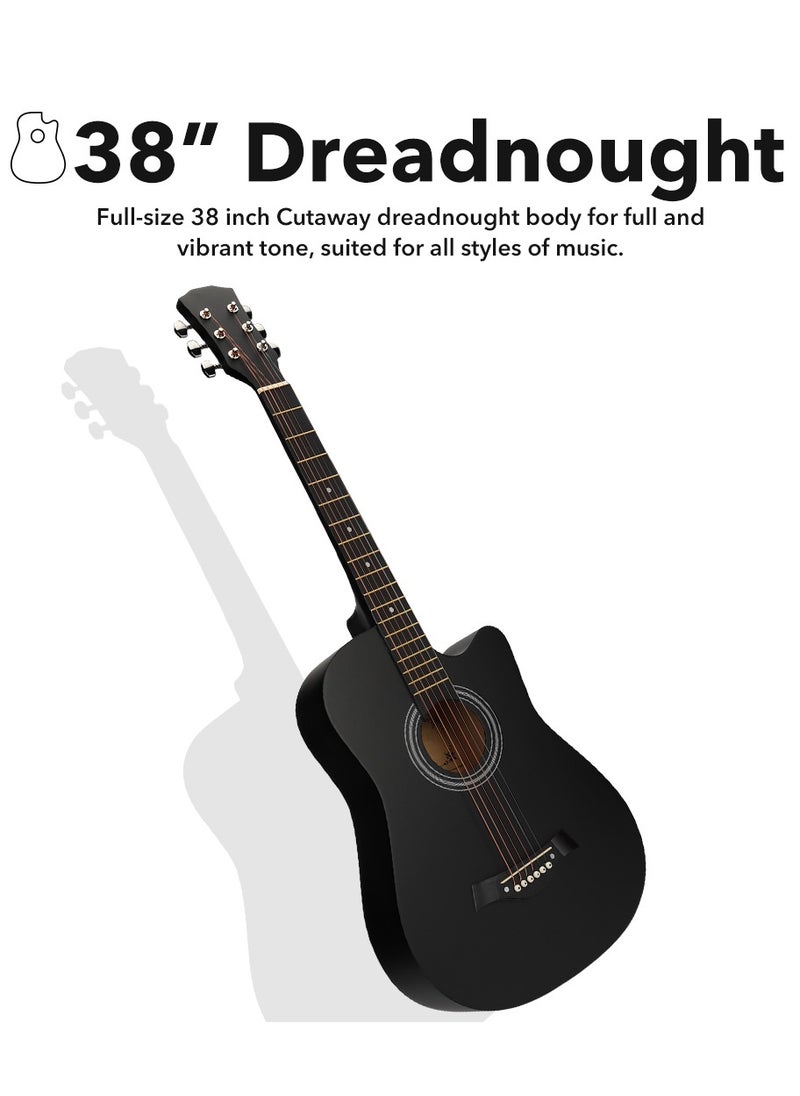 ShineDown ShineDown 38 inch Acoustic Guitar in Full Size Black Beginner All Wood Cutaway Starter Set with Free Bag Capo A Pack of Extra Strings Picks Strap  - Image 2