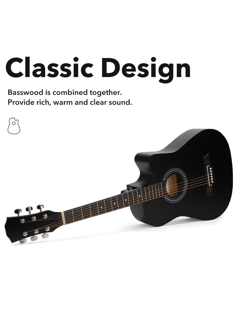 ShineDown ShineDown 38 inch Acoustic Guitar in Full Size Black Beginner All Wood Cutaway Starter Set with Free Bag Capo A Pack of Extra Strings Picks Strap  - Image 3