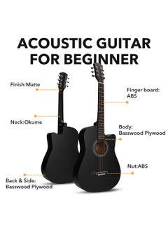 ShineDown ShineDown 38 inch Acoustic Guitar in Full Size Black Beginner All Wood Cutaway Starter Set with Free Bag Capo A Pack of Extra Strings Picks Strap  - Image 4