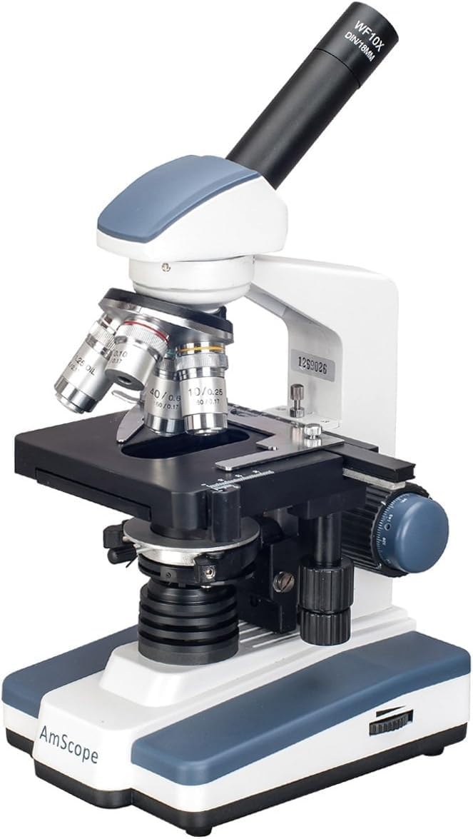 AmScope AmScope M620B Compound Monocular Microscope WF10x and WF20x Eyepieces 40x2000x Magnification Brightfield LED Illumination Abbe Condenser Mechanical Stage 110V - Image 1
