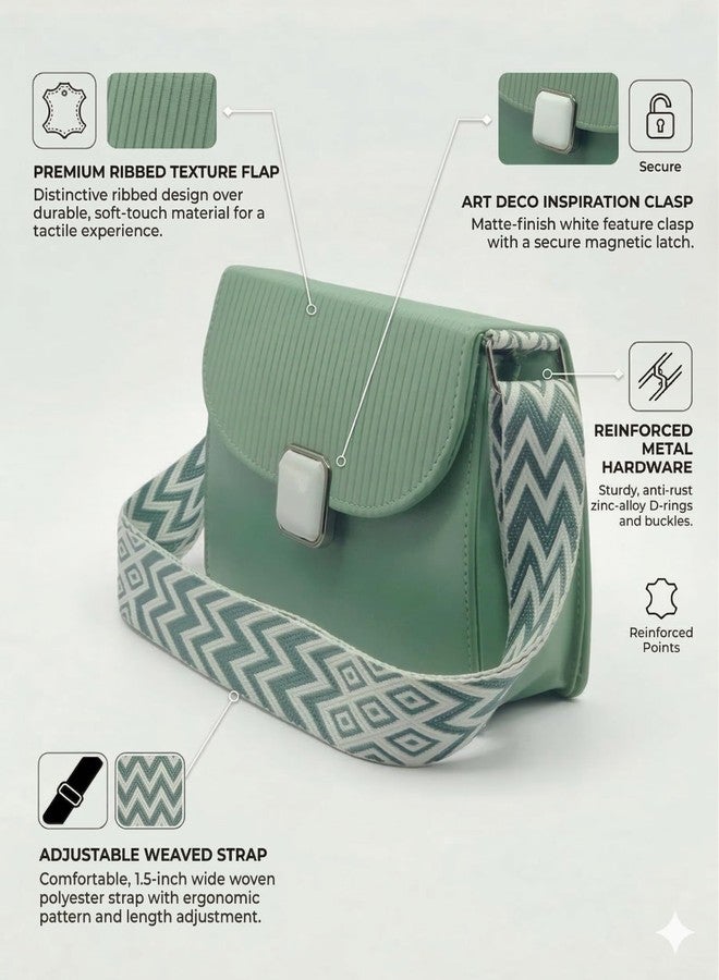 KRIFTY PU Leather Sling Bag with Boho Patterned Strap, Flap Closure, Crossbody Style For Women's/Girls (Green) - Image 2