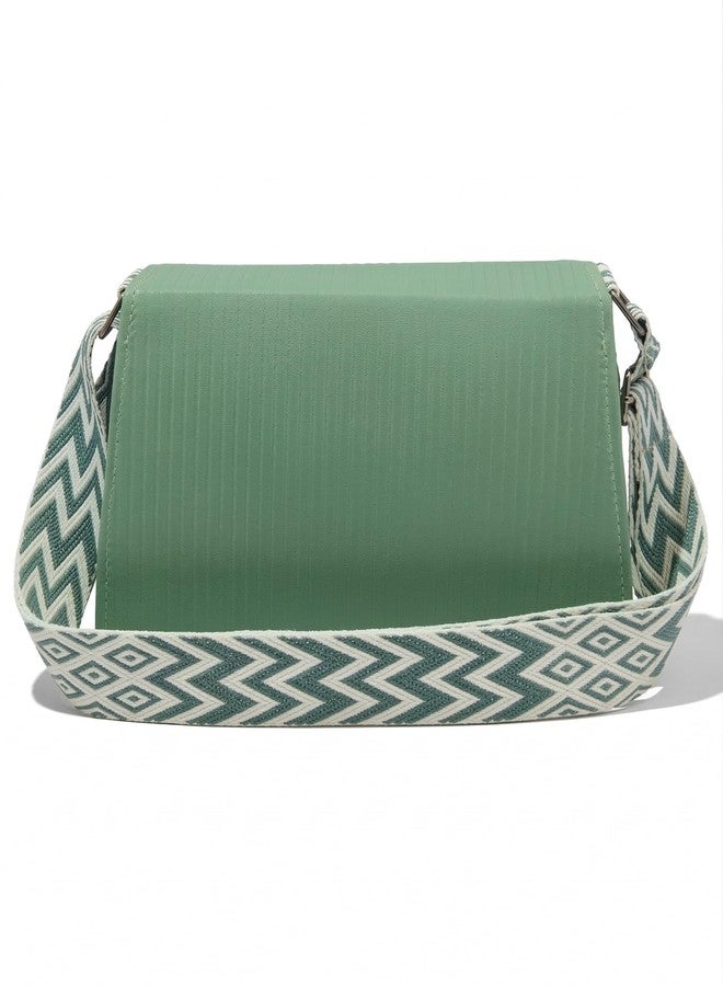 KRIFTY PU Leather Sling Bag with Boho Patterned Strap, Flap Closure, Crossbody Style For Women's/Girls (Green) - Image 3