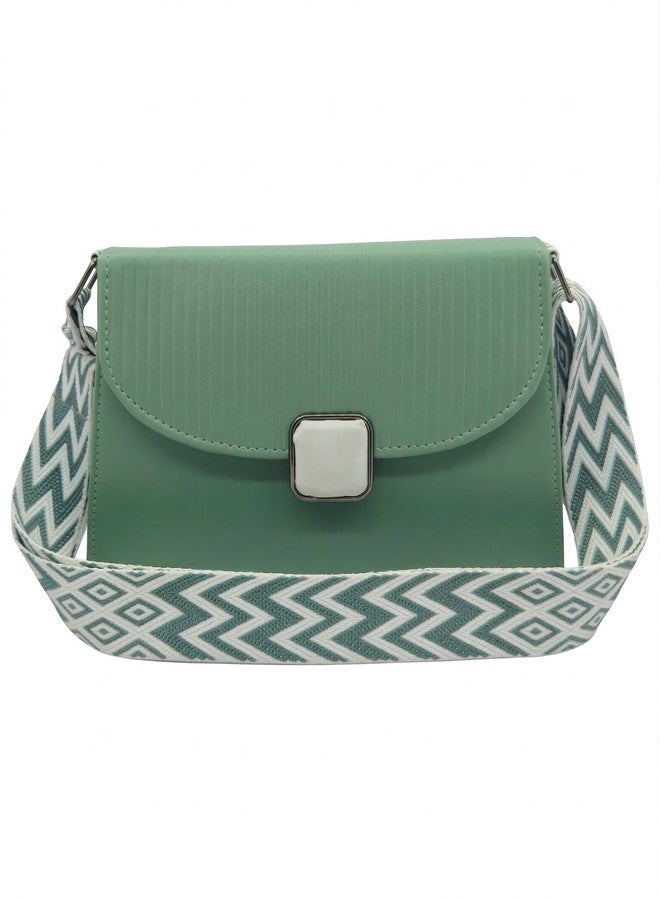 KRIFTY PU Leather Sling Bag with Boho Patterned Strap, Flap Closure, Crossbody Style For Women's/Girls (Green) - Image 1