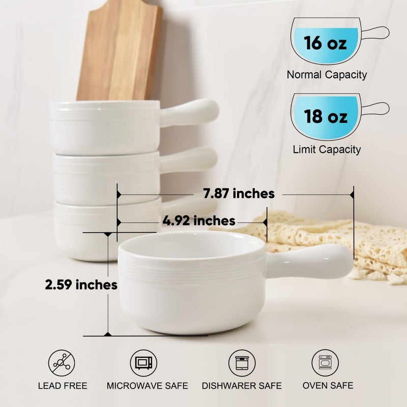 Vumdua French Onion Soup Bowls, 16 oz Ceramic Soup Bowls with Handles, French Onion Soup Crocks for Chili, Stew, Cereal, Oven Microwave Dishwasher Safe, Set of 4, White - Image 3